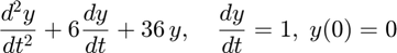 $$\frac{d^2y}{dt^2} + 6 \frac{dy}{dt} + 36 \, y ,\quad \frac{dy}{dt} = 1,\; y(0)=0$$